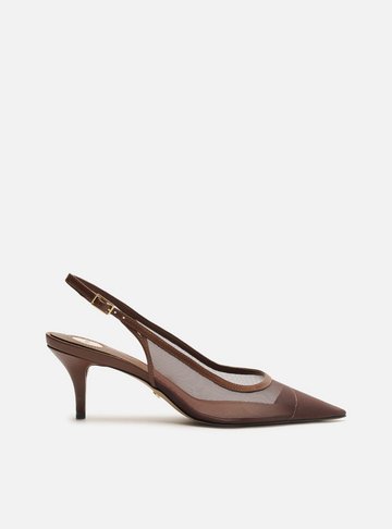 Scarpin Marrom Tela Salto Kitten Slingback