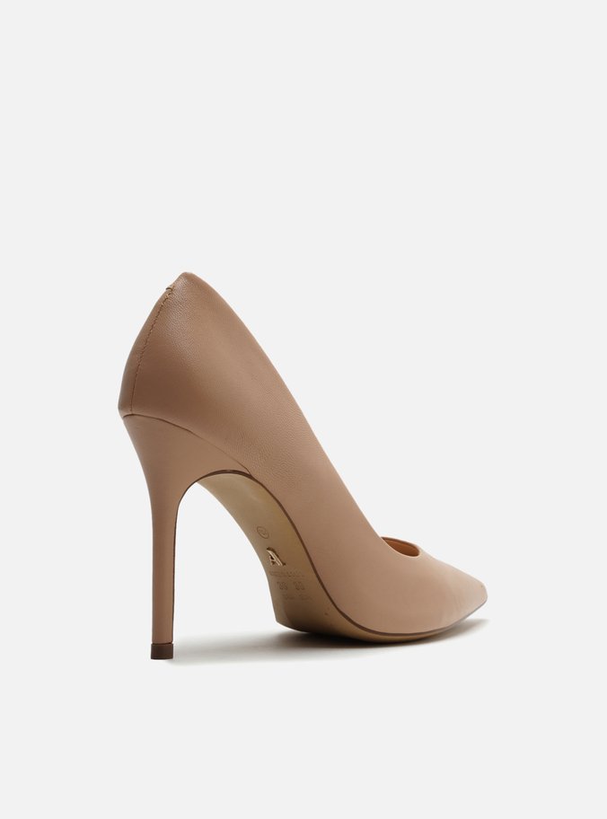 Scarpin Nude Couro Salto Alto Bico Fino