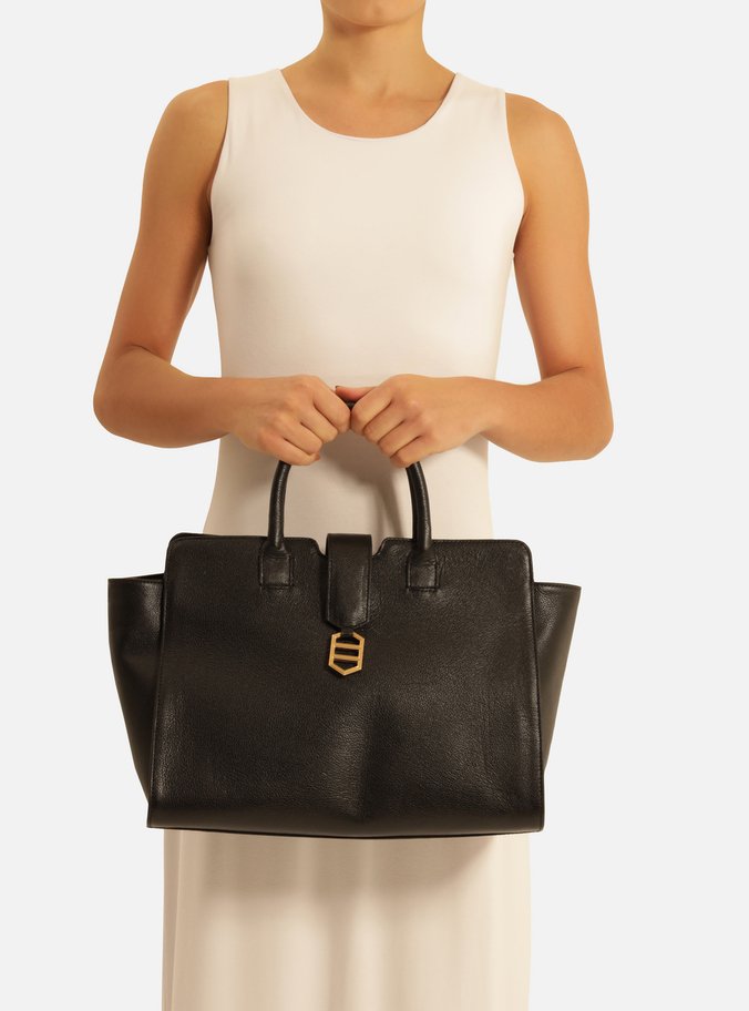 Bolsa Tote Preta Couro Grande Metal ID