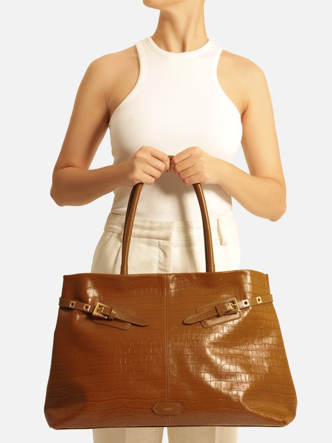 Bolsa Shopping Caramelo Couro Croco Grande Fivelas