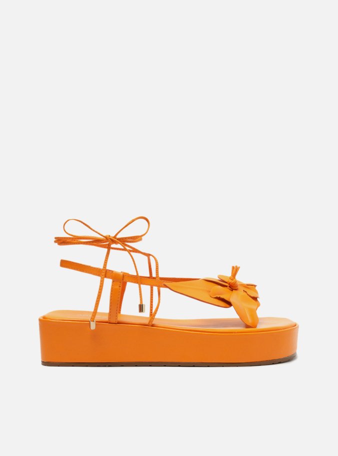 Sandália Laranja Couro Flatform Amarração Gia