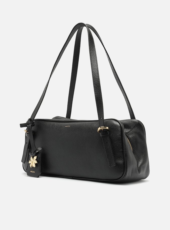 Bolsa Bowling Preta Couro Grande Metal Flor