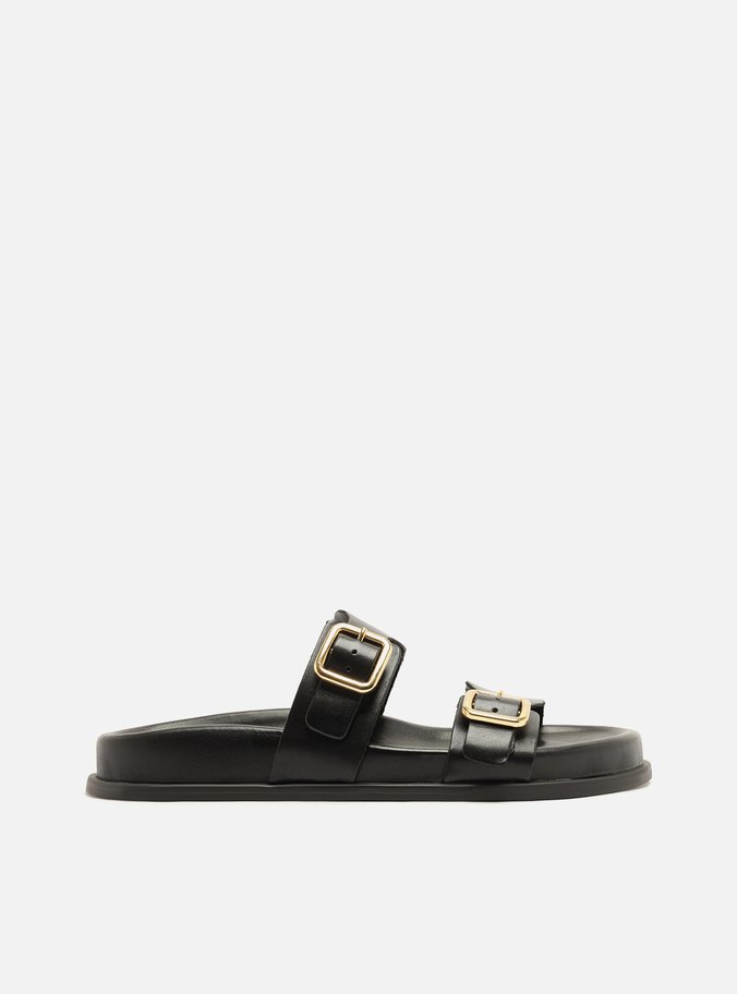 Sandália Papete Preta Couro Flatform Fivelas Douradas