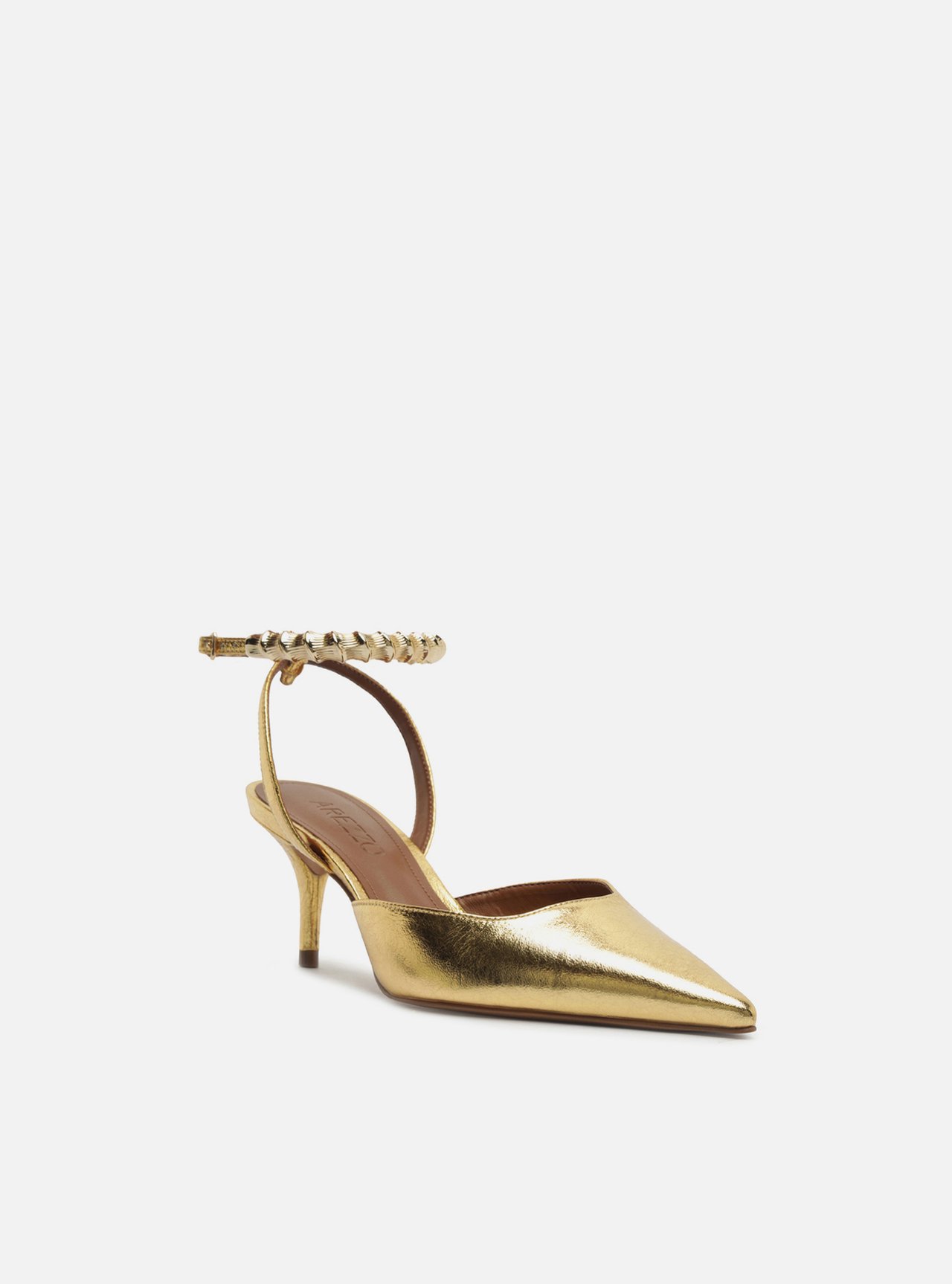 Scarpin Dourado Couro Salto Kitten Tiras Metal — foto 2