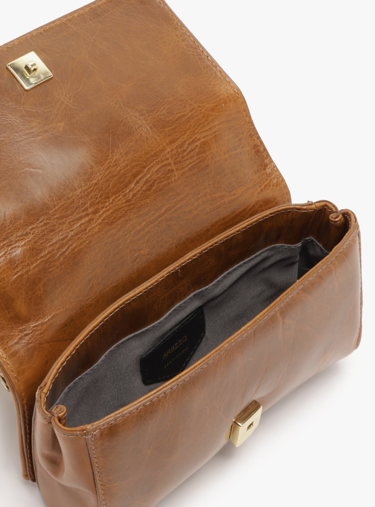 Bolsa Tiracolo Caramelo Couro Pequena Metal Dourado — foto 4