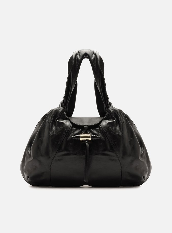 Bolsa Hobo Preta Couro Grande Tiras Metal