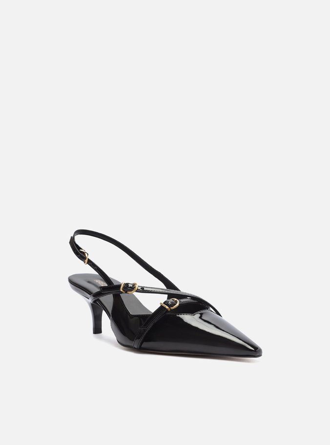 Scarpin Preto Verniz Salto Médio Slingback Amélia