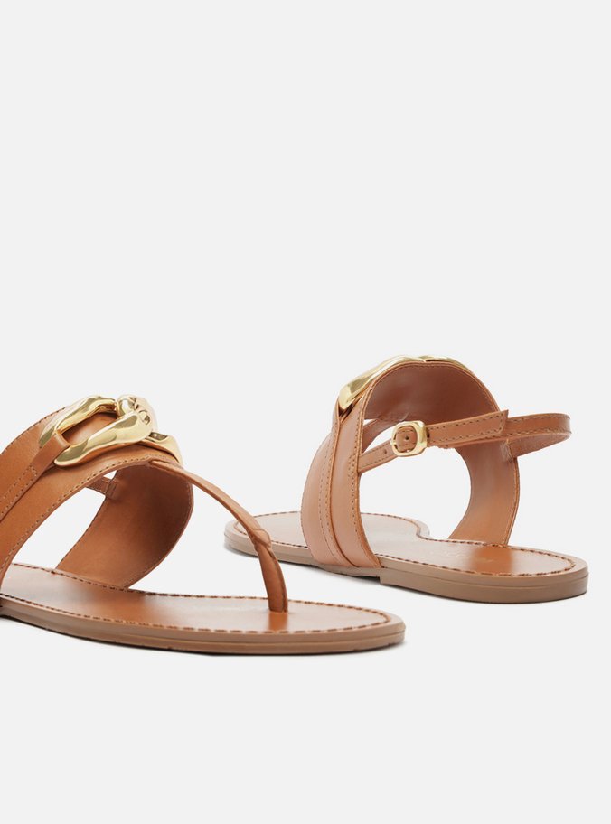 Sandália Rasteira Marrom Couro Slim Metal