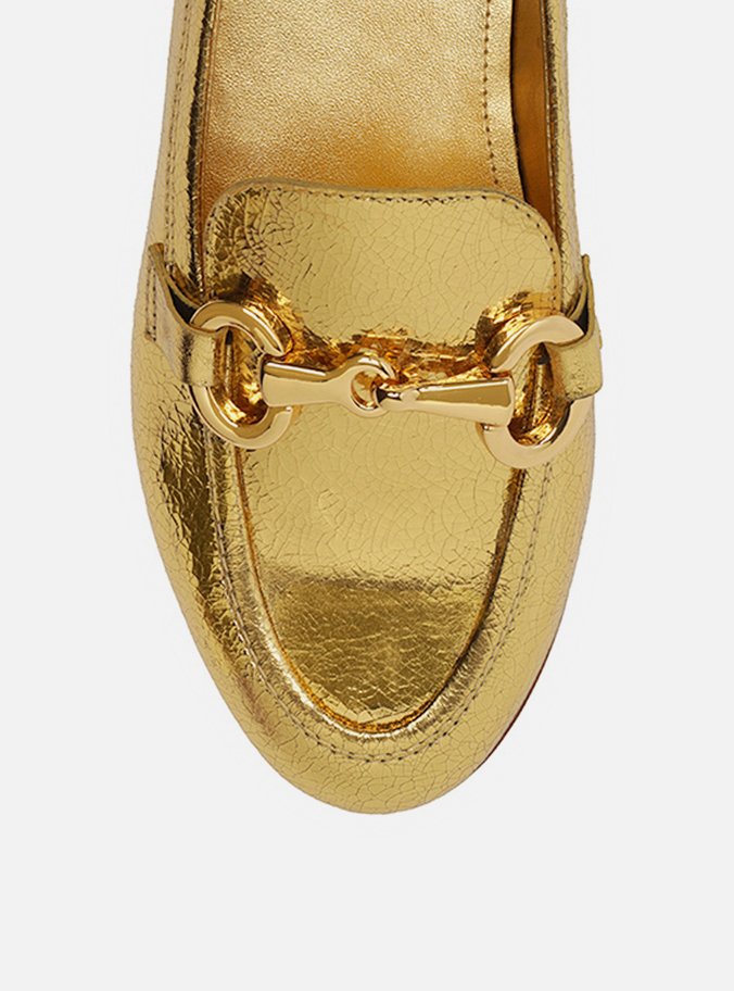 Mocassim Dourado Couro Bridão Dourado