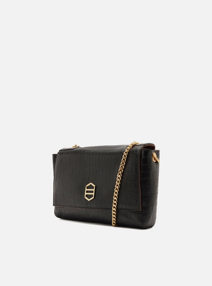 Bolsa Tiracolo Preta Couro Croco Média Reversível