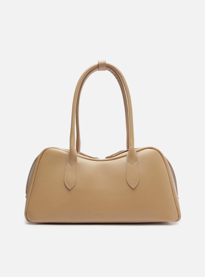 Bolsa Bowling Bege Couro Grande Zíper Duplo