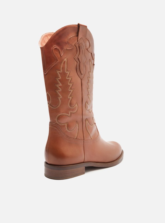Bota Marrom Couro Cano Longo Bordado Western