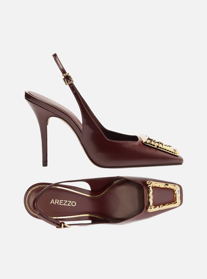Scarpin Vermelho Couro Bico Quadrado Slingback Metal