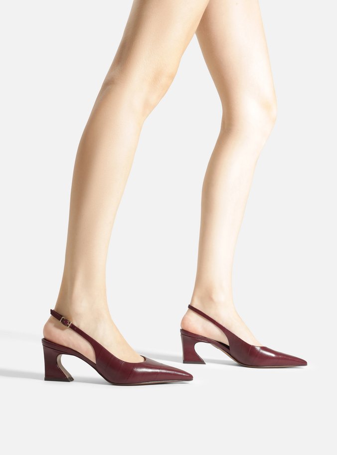 Scarpin Bordô Couro Salto Médio Geométrico Slingback