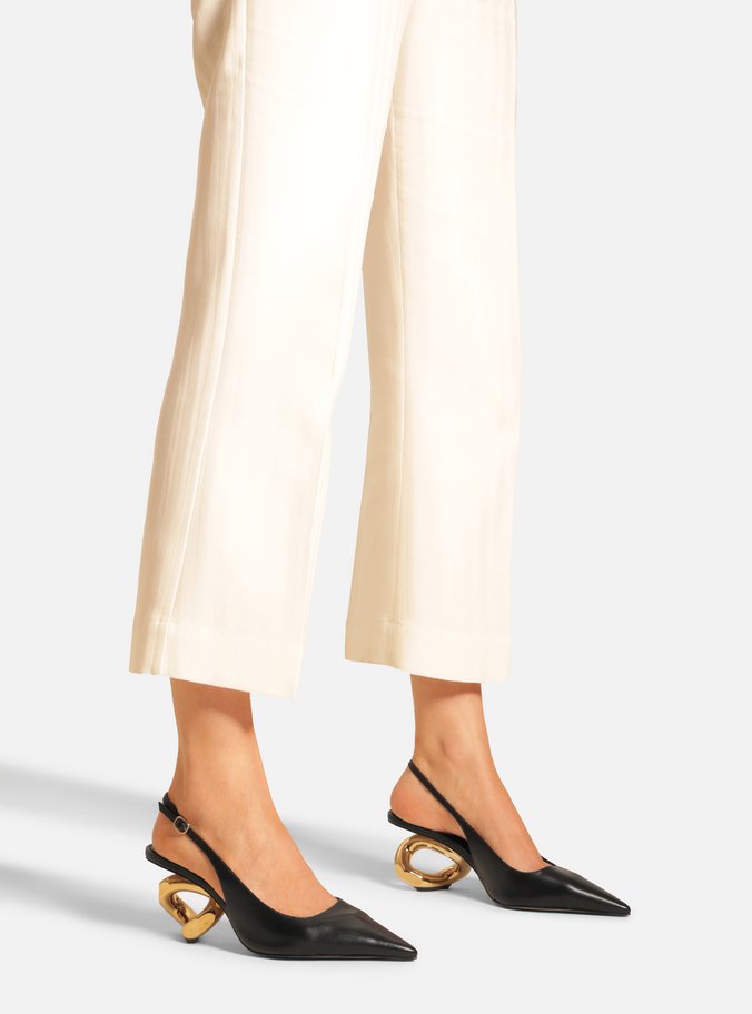Scarpin Preto Couro Salto Geométrico Slingback