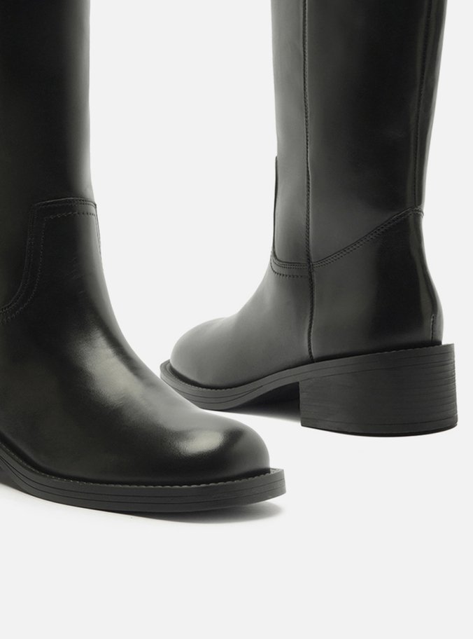 Bota Preta Couro Cano Longo Salto Bloco Tiras
