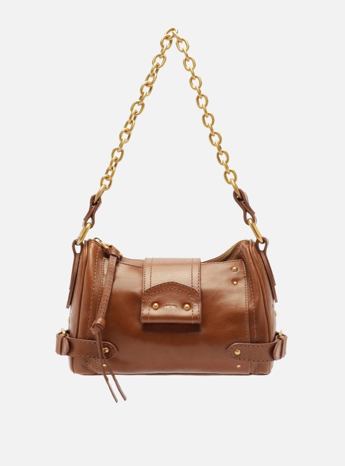 Bolsa Tiracolo Marrom Couro Média Rebites