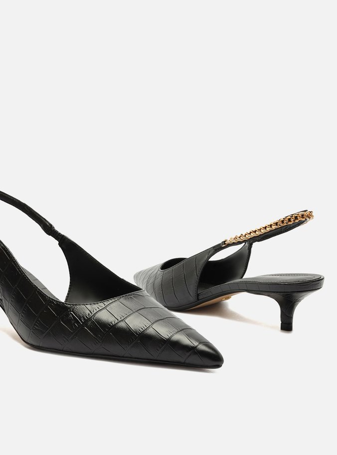 Scarpin Preto Croco Salto Baixo Slingback
