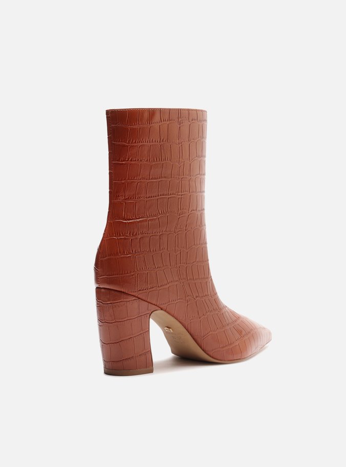 Bota Marrom Croco Cano Médio Bico Fino Zíper