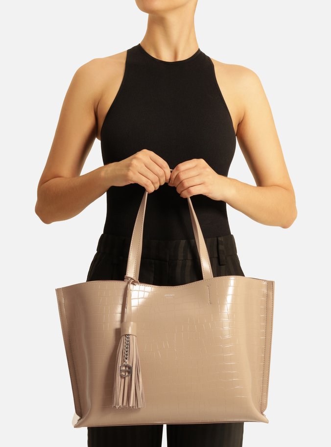 Bolsa Shopping Bege Croco Grande Barbicacho