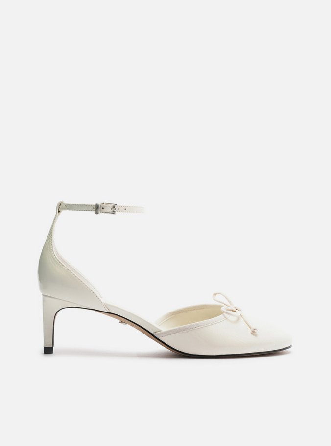 Scarpin Branco Couro Bico Redondo Aberto Laço
