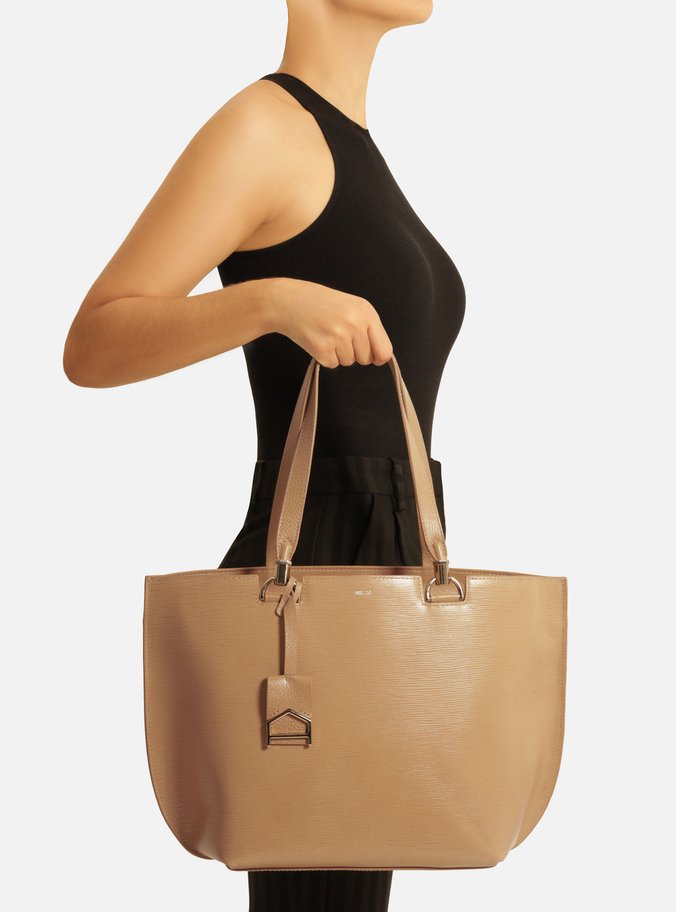 Bolsa Shopping Bege Couro Abraccio Grande