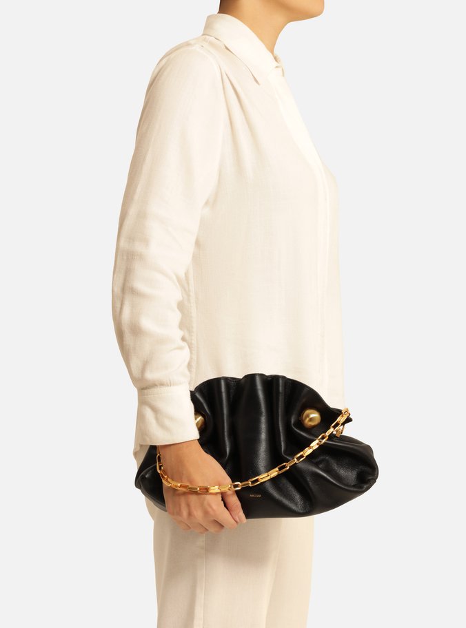 Clutch Preta Couro Pequena Pregas Corrente