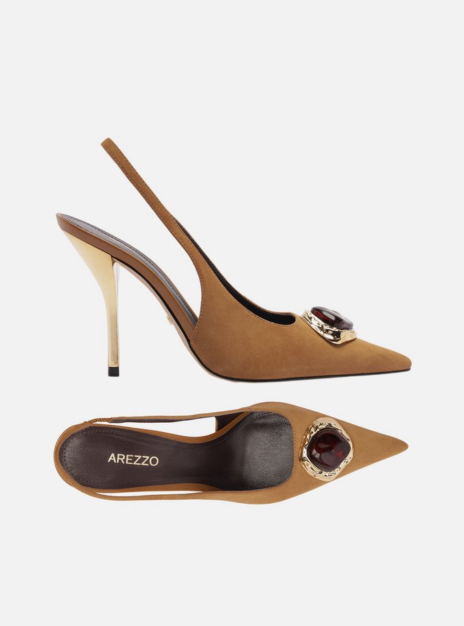 Scarpin Marrom Camurça Salto Alto Slingback Pedraria