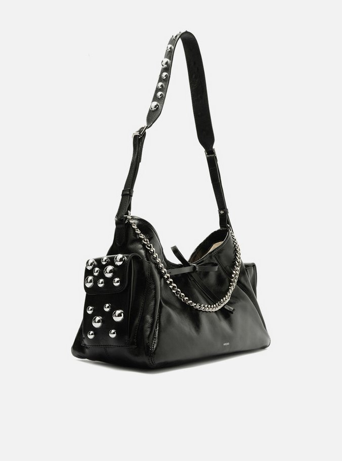 Bolsa Tiracolo Preta Couro Pequena Spikes