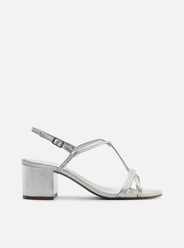 Sandália Prata Salto Médio Bloco Tiras Textura