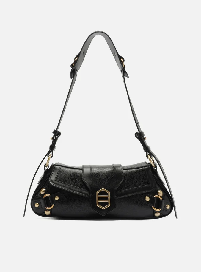 Bolsa Shoulder Preta Couro Grande Alongada Metais