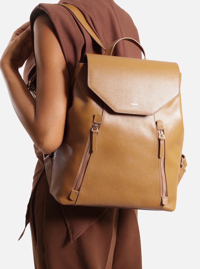 Bolsa Mochila Marrom Couro Grande Granulada