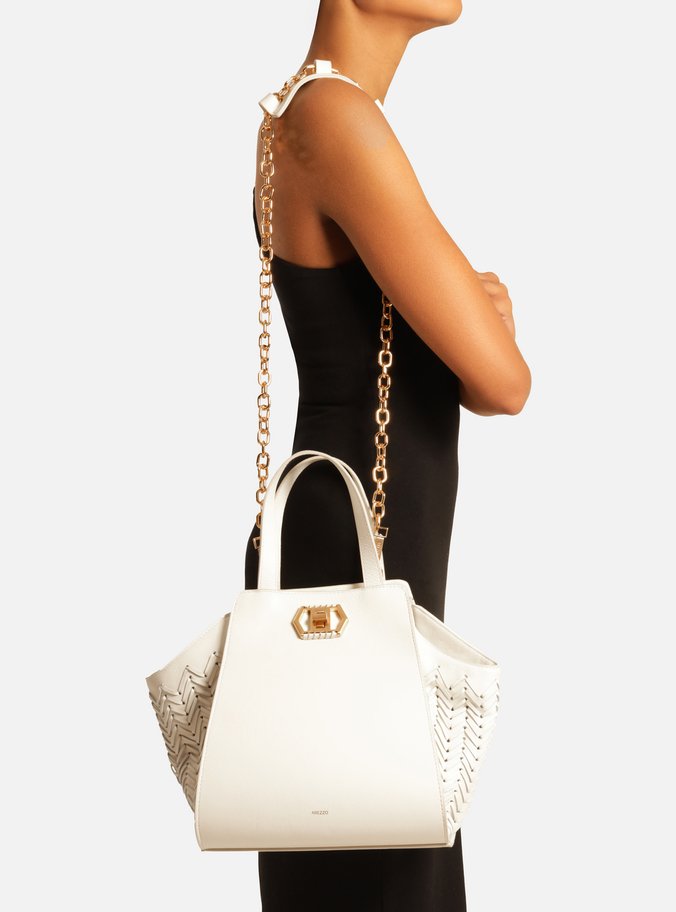 Bolsa Tote Branca Couro Média Recortes