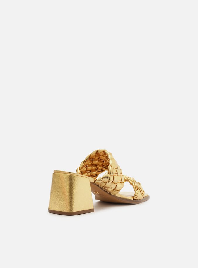 Tamanco Dourado Salto Bloco Tiras Largas Tressê