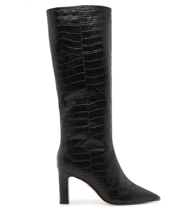 Bota Couro Croco Salto Médio Cano Longo Bico Fino Preta