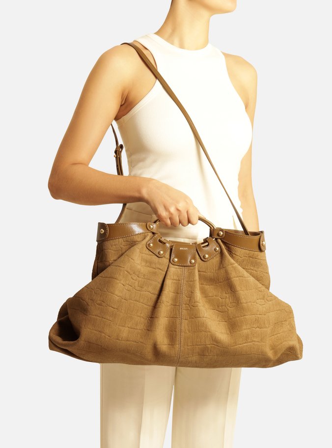 Bolsa Tote Marrom Suede Croco Grande