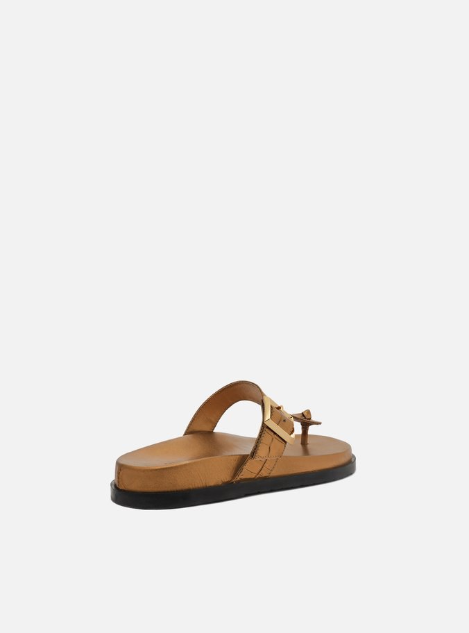 Sandália Rasteira Dourada Croco Fivela