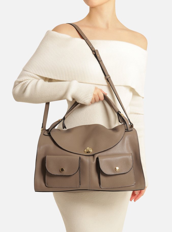 Bolsa Bowling Cinza Couro Grande Bolsos Frontais