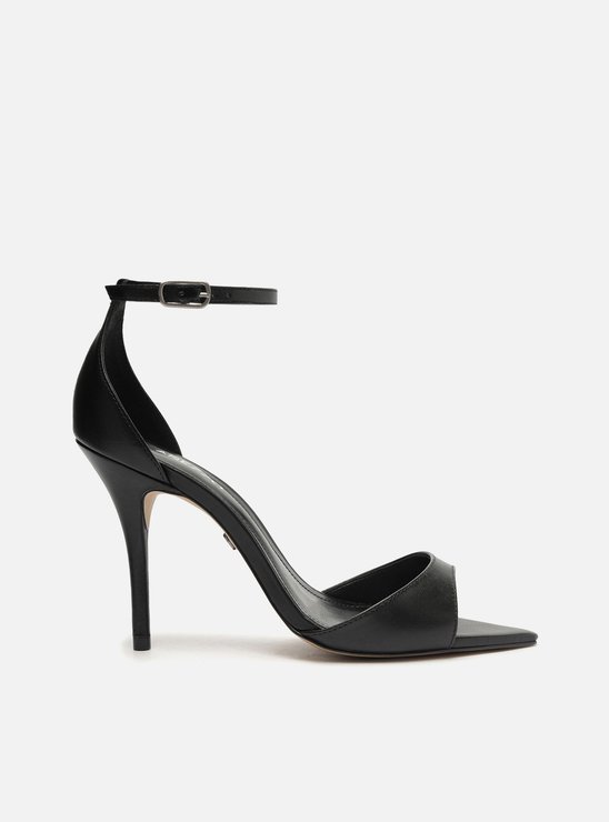 Sandália Preta Couro Salto Fino Bico Fino