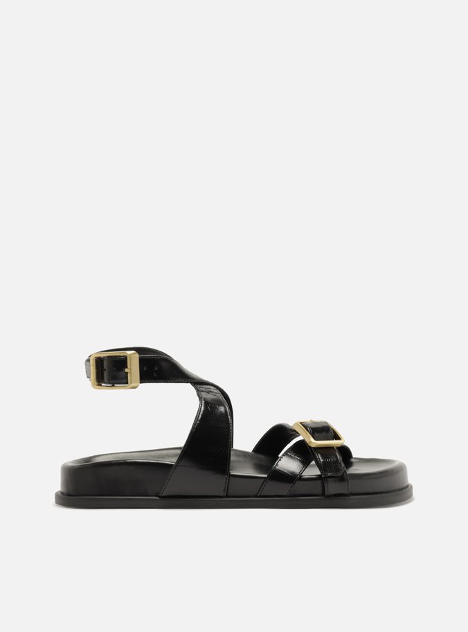 Sandália Papete Preta Couro Riscas Fivelas