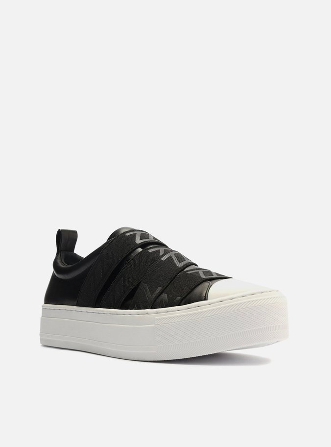 Slip On Preto Couro Flatform Elásticos