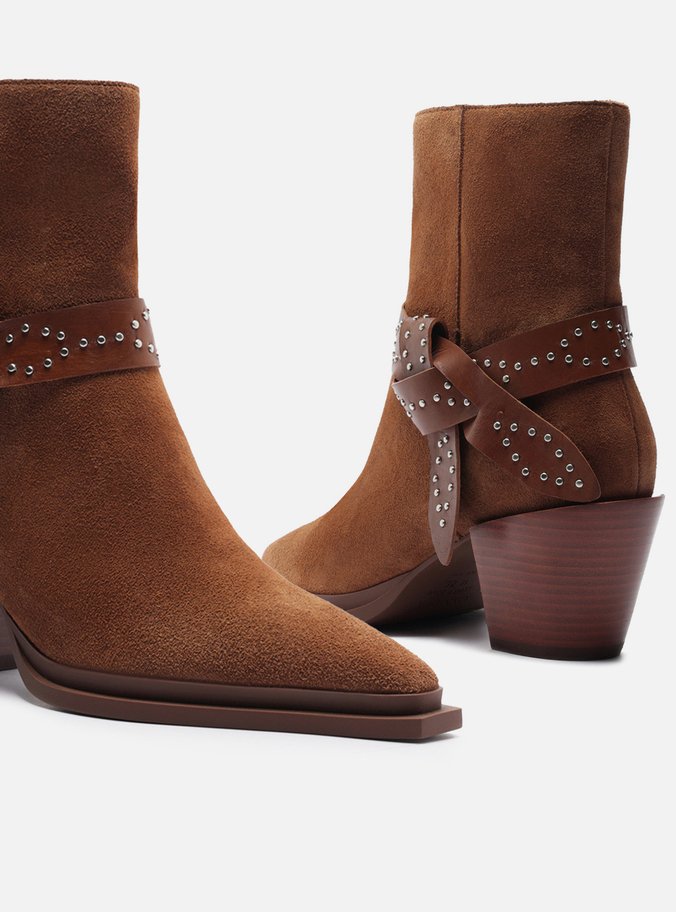 Bota Marrom Suede Salto Bloco Laço Rebites