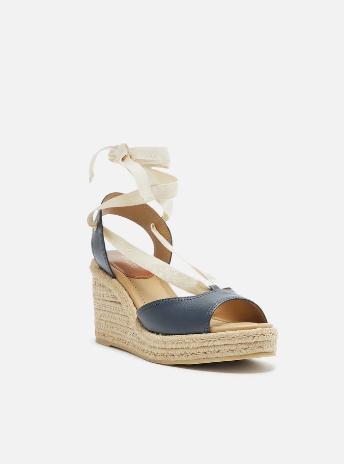 Espadrille Azul Couro Plataforma Amarração
