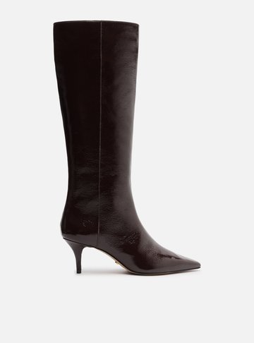 Bota Marrom Couro Cano Longo Salto Kitten