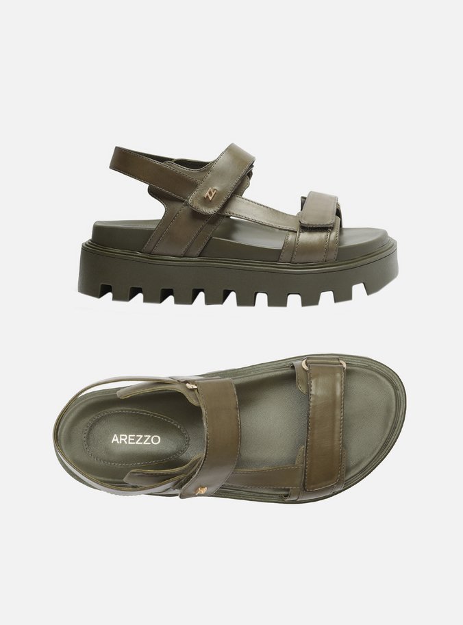 Sandália Papete Verde Couro Flatform Tratorada