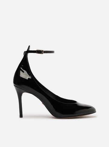 Scarpin Preto Verniz Salto Alto Fino Tira