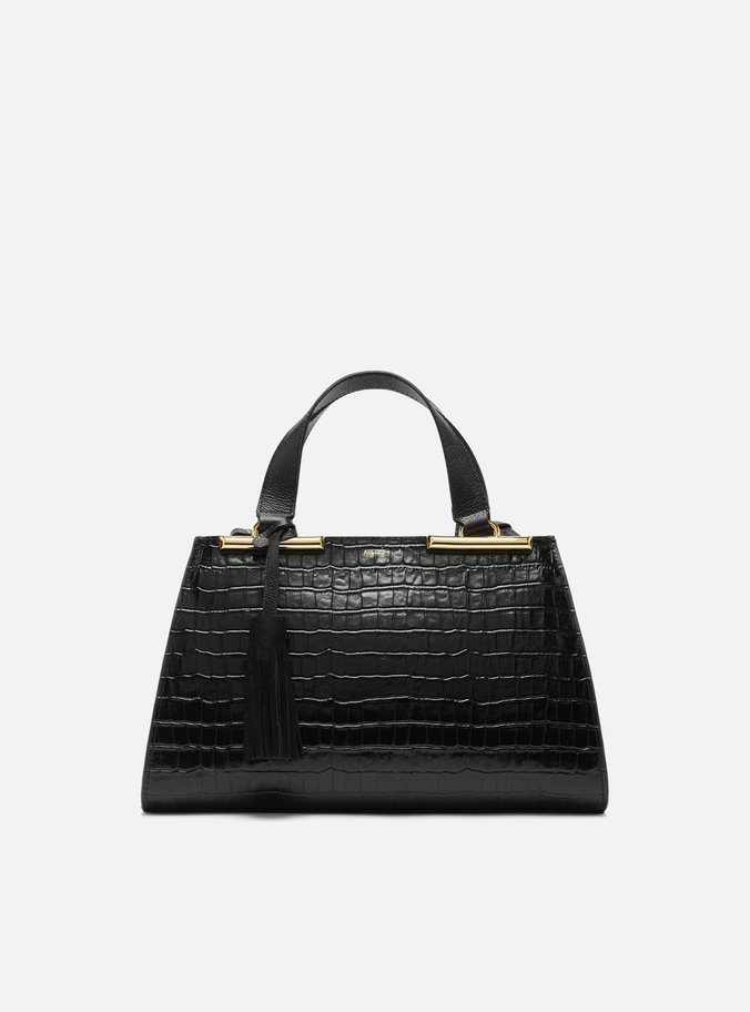 Bolsa Tote Preta Couro Croco Média Barbicacho