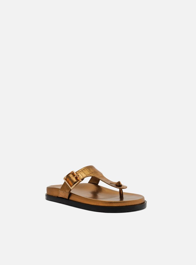 Sandália Rasteira Dourada Croco Fivela