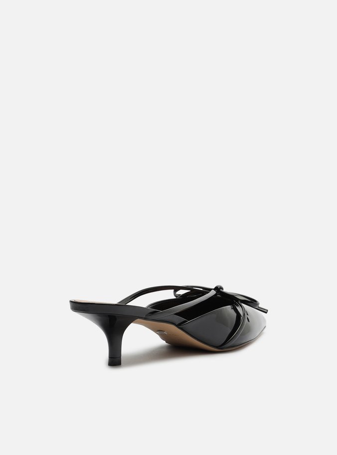 Mule Preta Verniz Salto Kitten Laço