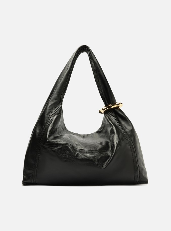 Bolsa Hobo Preta Couro Grande Metal